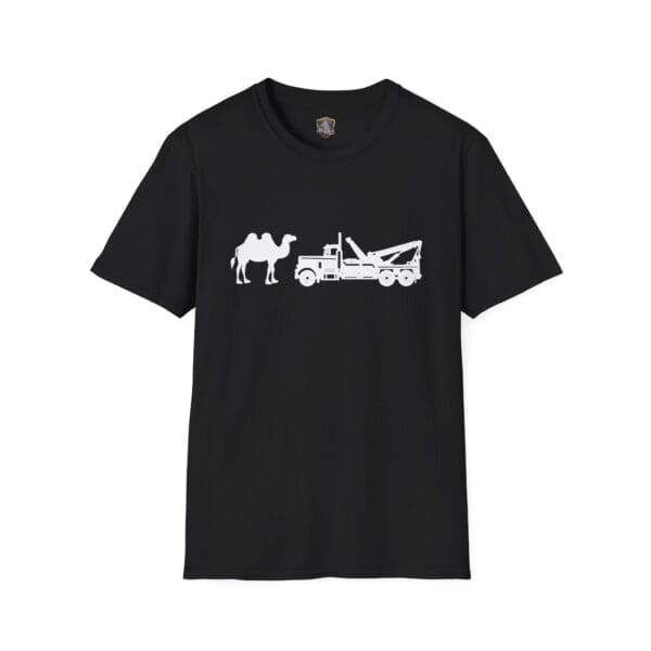 Black t-shirt with the "Camel Tow" design, showcasing a white graphic of a camel standing next to a tow truck.