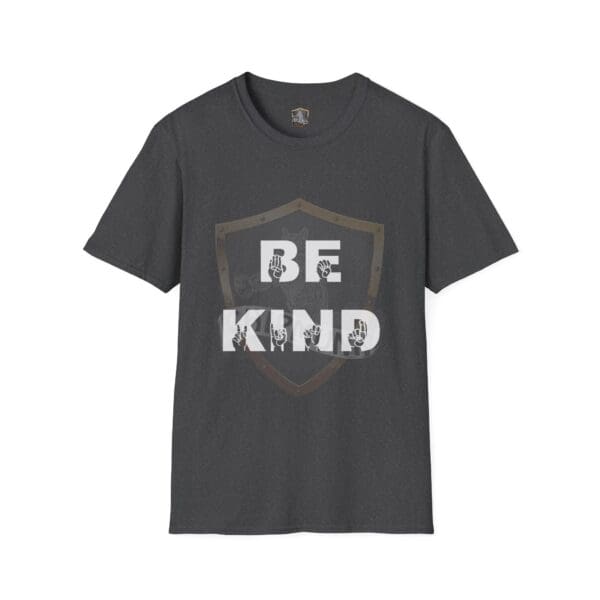 Gray T-shirt featuring a shield design and the phrase "BE KIND" prominently displayed on the front, known as the Be Kind in Sign Language T-Shirt.