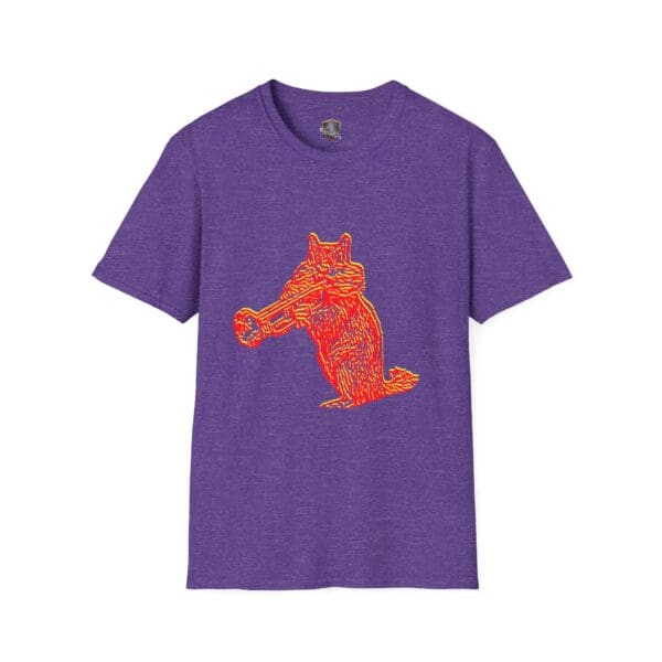 Chipmunk T-Shirt in purple, adorned with a vibrant illustration of a cat playing a trumpet.