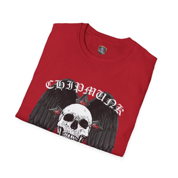 Gothic Art T-Shirt featuring a red background with a skull graphic, black wings, and "Chipmunk" printed above.