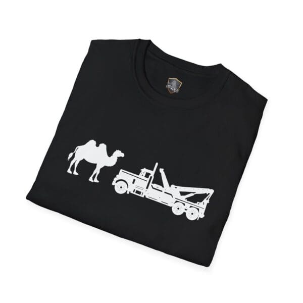 Camel Tow black t-shirt featuring white silhouettes of a camel and a tow truck side by side.