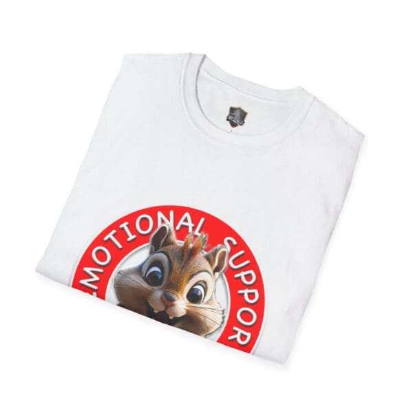 Folded t-shirt in white, showcasing the Emotional Support Chipmunk design inside a red circle.