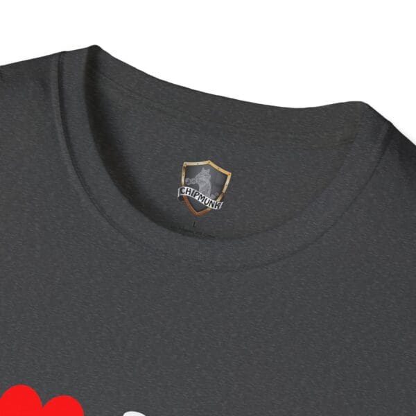 Close-up of the I ❤️ Mom Bods T-Shirt in gray, showcasing a round neckline and a logo near the collar that features a shield and the word "Chipmunk.