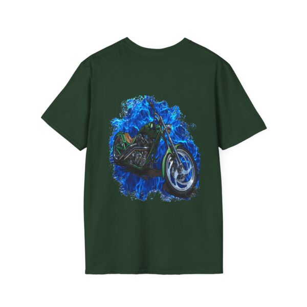 Chipmunk Motorcycle T-Shirt in green, displaying a graphic of a motorcycle encircled by blue flames on the back.