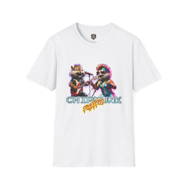 A white T-shirt showcasing animated characters playing guitars with the text "Chipmunk Retro" below them.