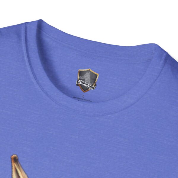 Close-up of a blue "Don't Be A Jack Ass" t-shirt featuring a chipmunk design near the neckline and a logo tag printed on the inside of the collar.