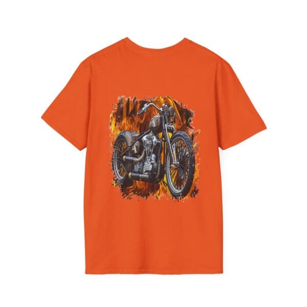 Chipmunk Bobber T-Shirt in orange, showcasing a vintage motorcycle graphic with flames in the background.