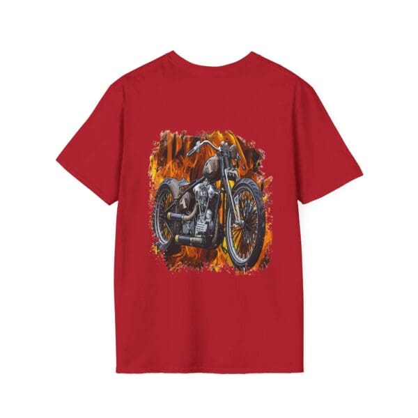 Chipmunk Bobber T-Shirt in red, showcasing a detailed illustration of a motorcycle set against an orange flame background.