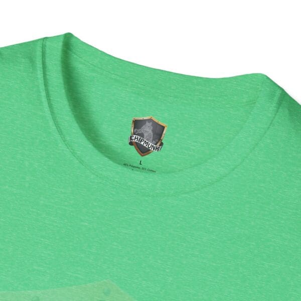 Close-up of a green Good Vibes Only Shirt with a Chipmunk brand label at the neckline.