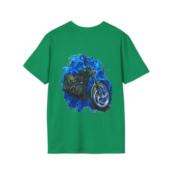 Chipmunk Motorcycle T-Shirt in green, showcasing a graphic of a motorcycle set against a blue abstract background.