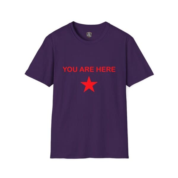 Guiding Star Tee Shirt in navy blue featuring "YOU ARE HERE" and a red star design on the front.