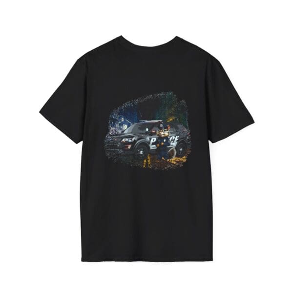 A Police Car T-Shirt in black, showcasing a cartoonish scene with a bear and a police car in a forest.