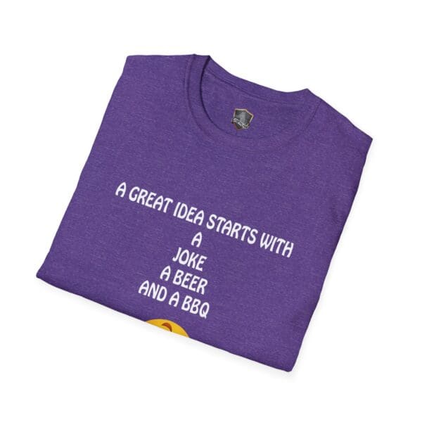 Great Idea T-Shirt in purple, featuring the text: 'A great idea starts with a joke, a beer, and a BBQ.'