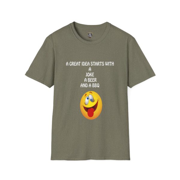 Great Idea T-Shirt in olive green featuring the text: "A great idea starts with a joke, a beer, and a BBQ" above a playful smiley face.