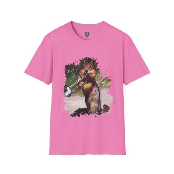 OG Chipmunk T-Shirt featuring a pink design with a chipmunk playing a trumpet against a splattered background.