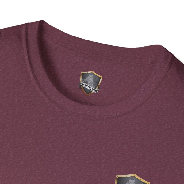 Close-up of a maroon Chipmunk Trucker Shirt with the brand label on the inside of the collar.