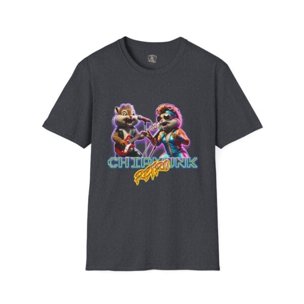 Chipmunk Retro Black T-shirt showcasing two animated chipmunks rocking out on electric guitars with "Chipmunk Rock" in vibrant neon colors.