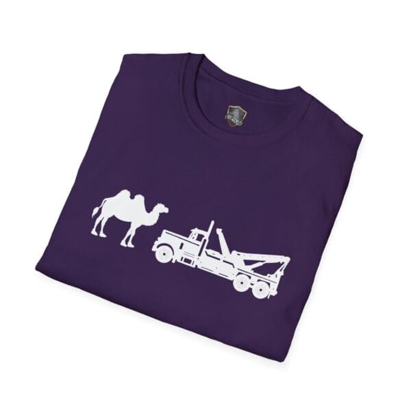 Camel Tow purple t-shirt featuring white silhouettes of a camel and a tow truck side by side.