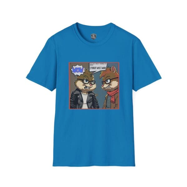 Blue "Overt Narcissism - Forgetting Myself Graphic Tee" featuring two illustrated animals in jackets with speech bubbles; one says, "Wow," and the other, "Oh, really famous!?