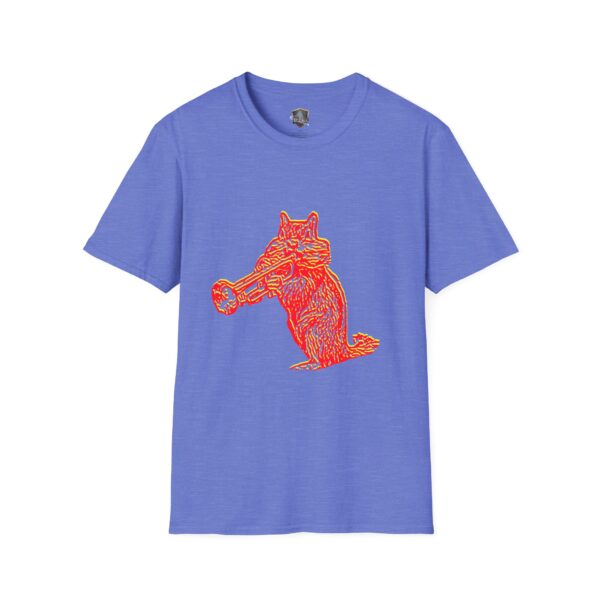 Chipmunk T-shirt, a blue top adorned with a red and yellow graphic of a cat playing the trumpet.