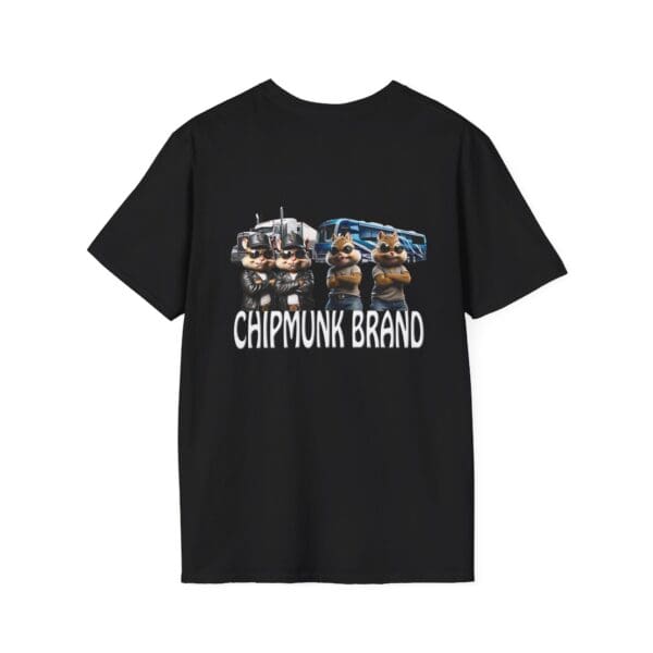 Black Chipmunk Family T-Shirt displaying animated chipmunks wearing sunglasses, striking a confident pose in front of a truck. Text reads "Chipmunk Brand.