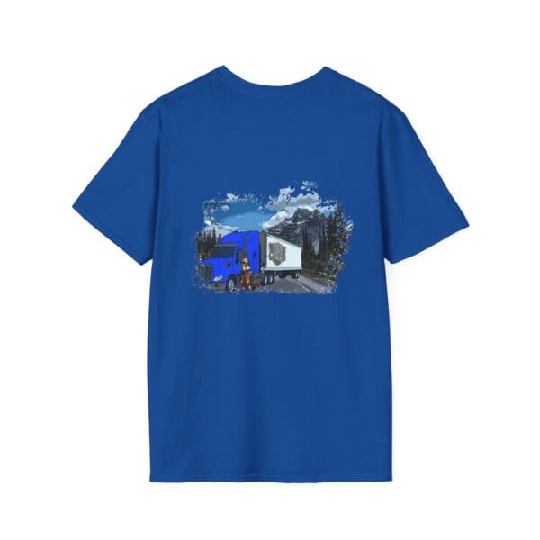 Chipmunk Trucker Shirt featuring a graphic of a blue semi-truck and trailer on a scenic mountain road.