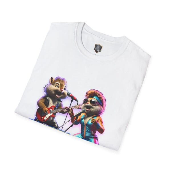 Chipmunk Retro white t-shirt featuring an illustration of two animated chipmunks, with one playing a guitar and the other singing into a microphone.