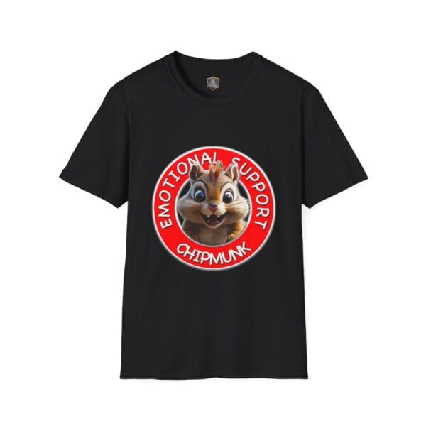 The Emotional Support Chipmunk T-Shirt is a black shirt showcasing a circular design with a chipmunk face and the phrase "EMOTIONAL SUPPORT CHIPMUNK" in red.