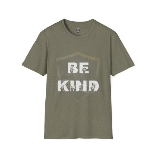 Olive green t-shirt featuring "Be Kind in Sign Language" printed on the front in large letters.