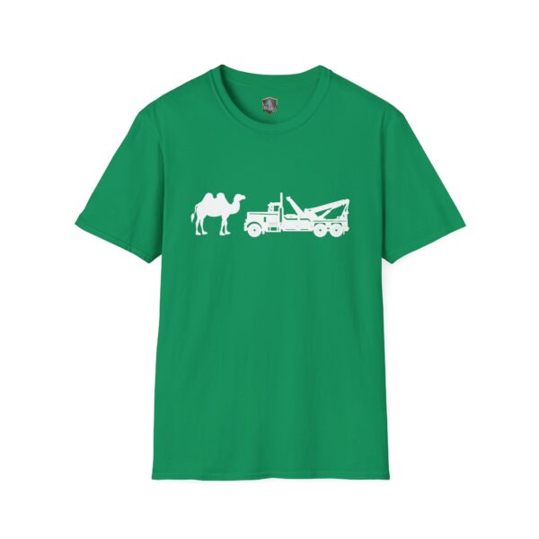 Green "Camel Tow" t-shirt featuring a white graphic of a camel and a tow truck side by side.