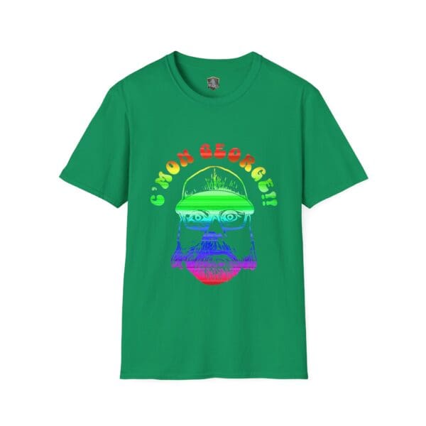 Retro rainbow t-shirt featuring a vibrant graphic of a face with glasses and a hat, accompanied by the phrase "C'MON GEORGE!" at the top.