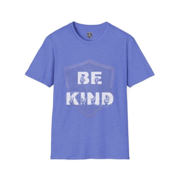 Be Kind in Sign Language T-Shirt featuring the phrase "BE KIND" in bold letters with small hand symbols incorporated into the design.