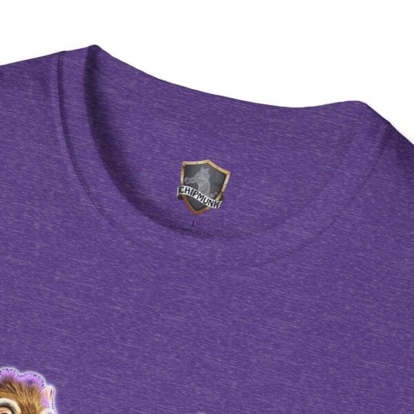 Close-up of a purple Chipmunk Retro T-shirt neckline featuring the Chipmunk logo on the tag.