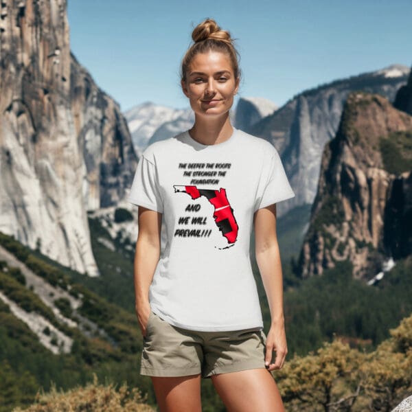 A person stands outdoors in a mountainous area, wearing the Rising Strong: Hurricane Milton Relief Tee, which is a white T-shirt featuring a graphic of Florida and a message about strength and perseverance.