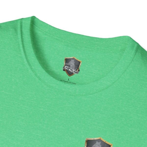 Close-up of a green Kick Me T-Shirt showcasing a "Chipmunk" logo and a small emblem on the front.