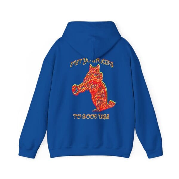 Blue hoodie featuring a stylized fox holding a megaphone, with the text, "Put Your Lips To Good Use.