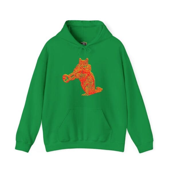 Chipmunk Hoodie in green featuring a colorful, patterned fox playing a trumpet on the front.