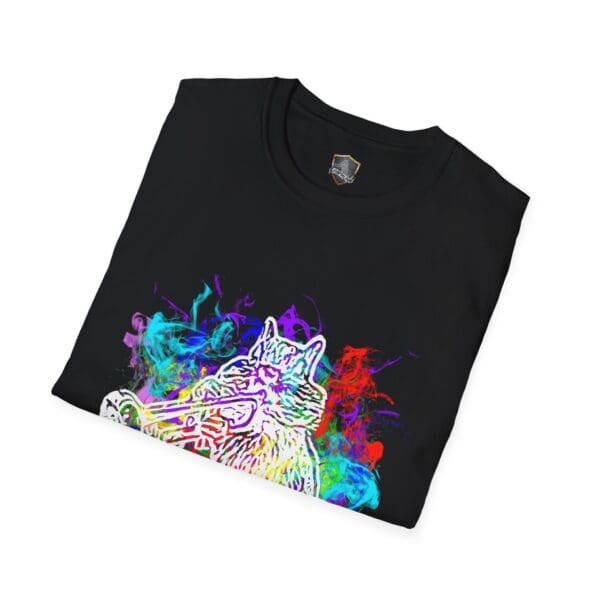 Smoked Chipmunk T-Shirt in black, featuring a colorful wolf design with smoke-like patterns in blue, red, and green.