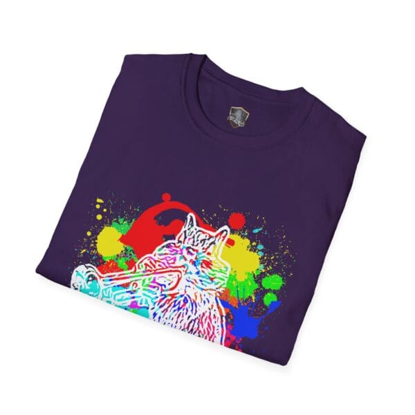 A folded Splash Chipmunk T-Shirt showcasing a colorful, abstract design of a cat playing a trumpet amidst splashes of paint.