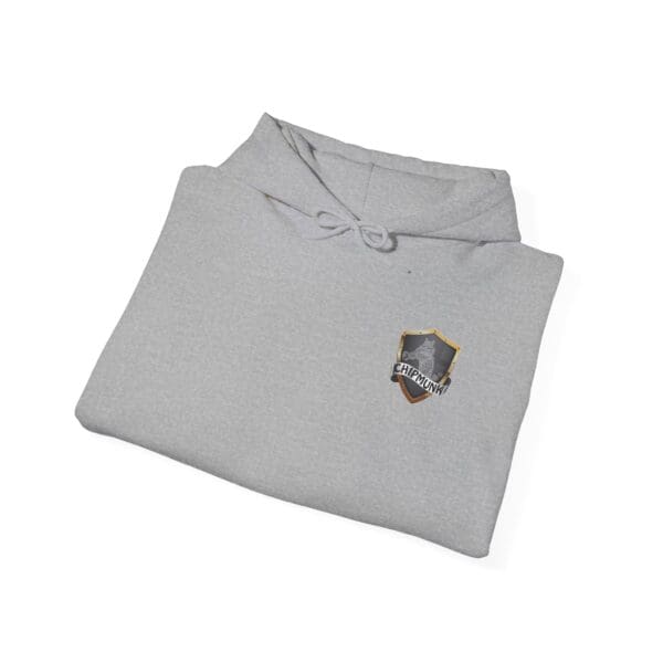 Gray folded "Put Your Lips To Good Use" Hoodie with a small emblem featuring a shield and the word "EARTHONIX" on the chest.