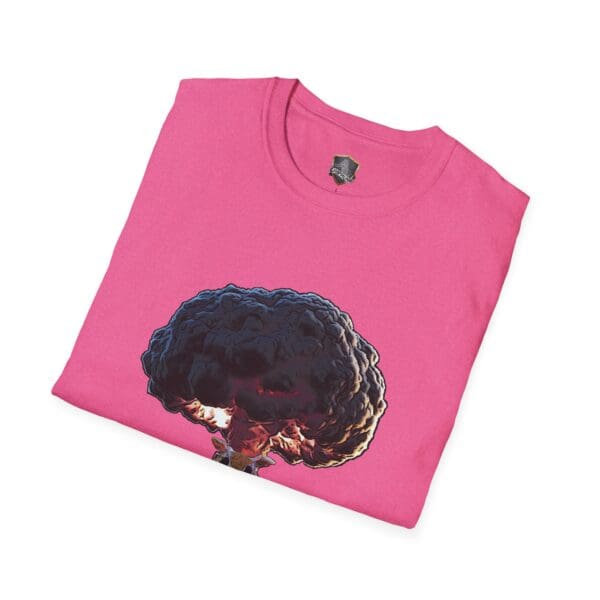 A folded pink "Not My Nuts" T-shirt featuring a graphic of a mushroom cloud.