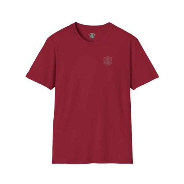 A "You Saw It Because We Brought It" T-shirt in plain burgundy, featuring a small, subtle logo on the upper left chest area.