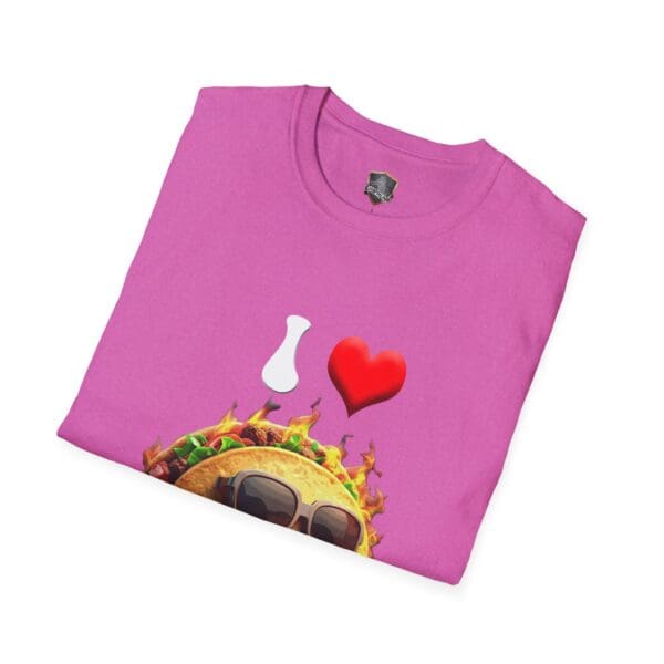 'I Love Hot Taco T-Shirt' featuring a taco wearing sunglasses, a red heart, and a white bowling pin on a pink background.