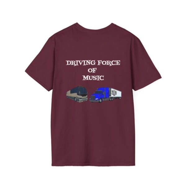 Maroon Driving Force T-Shirt featuring a digital illustration of a tour bus and semi-truck beneath the text "Driving Force of Music.