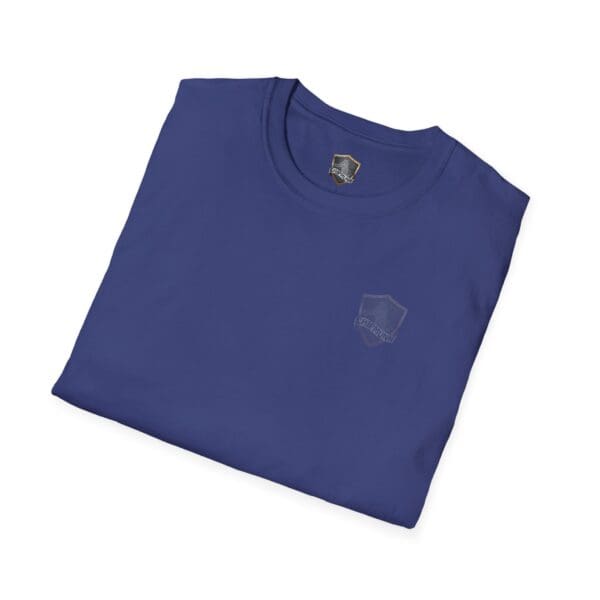 Folded You Bought It Because We Brought It T-Shirt in navy blue featuring a subtle shield emblem on the chest area.