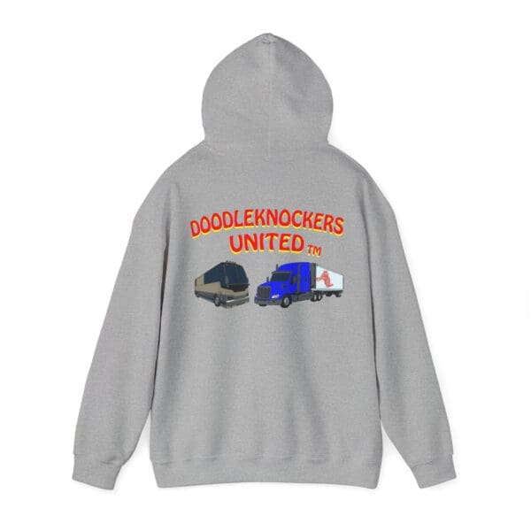 Gray Doodleknockers Bus and Truck Hoodie featuring "Doodleknockers United" text and images of a bus and truck on the back.