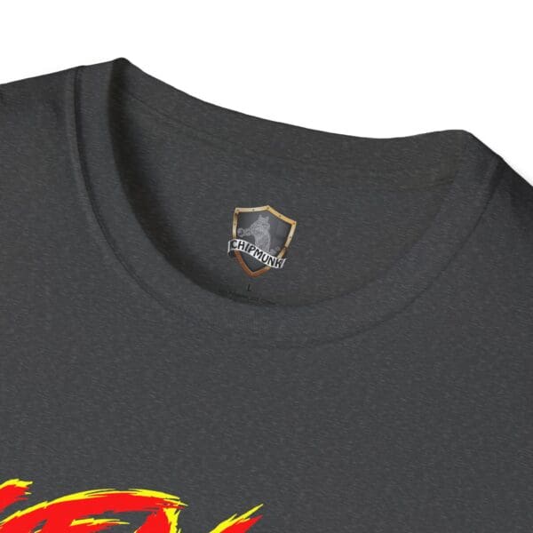 Close-up of the Gen X T-Shirt in dark gray featuring a shield logo and "Chipmunk" label near the neckline, with a vibrant red and yellow design displayed below.