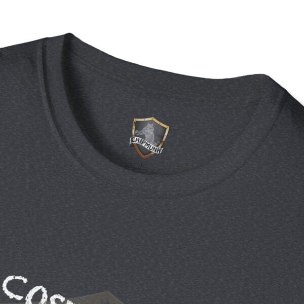 A close-up of a dark gray Zero T-Shirt with a round neckline, featuring a small logo and the word "Chipmunk" on the inner collar tag.