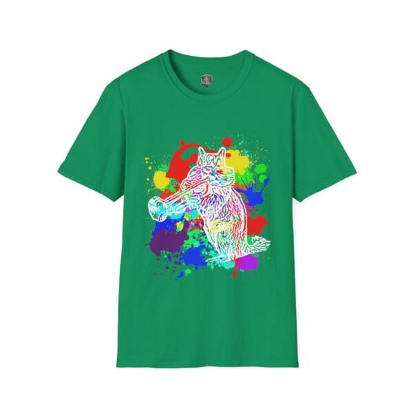 Green t-shirt featuring a colorful, abstract chipmunk playing a trumpet amidst splashes of vibrant paint.