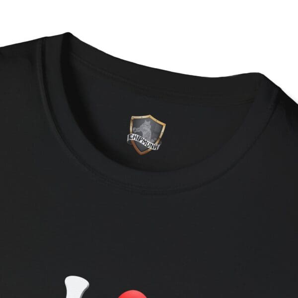 Close-up of a black I Love Hot Taco T-shirt by Chipmunk, featuring a clearly visible shield-shaped logo inside the collar.